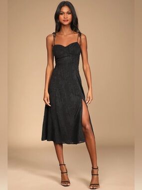 Lulus Black Jacquard Midi Dress Tie Strap Bustier Slit Size M